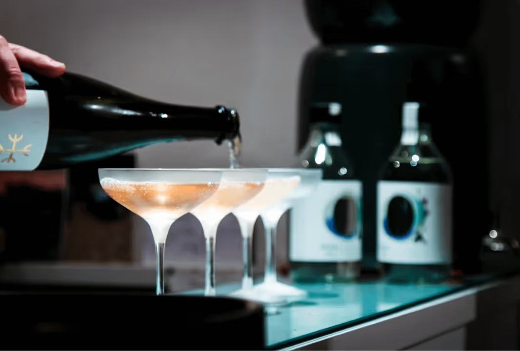 A person pouring a drink into a martini glass